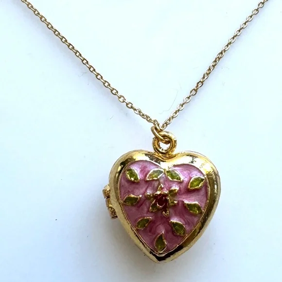 Pink Cloisonne Heart Locket Stainless Steel Hypoallergenic Necklace Chain #7009 - Picture 4 of 10